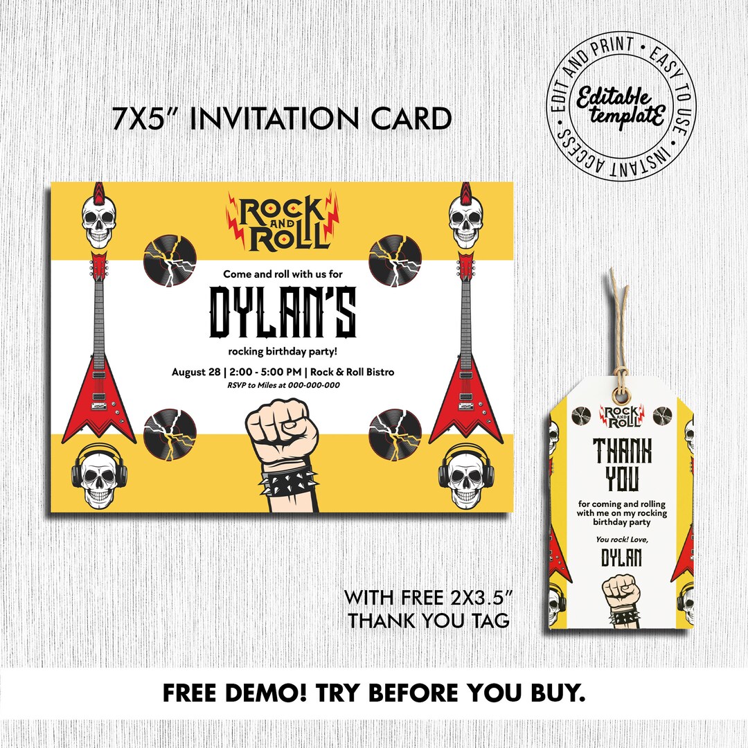Editable Rockstar Party Invitation With Free Matching Thank You Tags ...