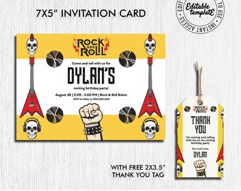 Editable Rockstar Party Invitation with free matching Thank You Tags, 7x5" Rock Birthday Party invitation, Rock n roll invitation Template