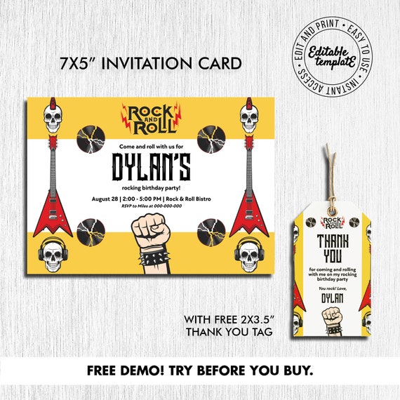 Editable Rockstar Party Invitation with FREE matching Thank You Tags, 7x5" Rock Birthday Party invitation, Rock n roll invitation Template Il_570xn