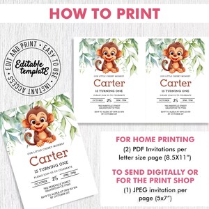 Editable Monkey Birthday Invitation Template Cheeky Monkey Invitation Baby Monkey Invite Monkey ...