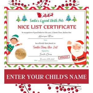 Certificato modificabile della lista di Babbo Natale. Certificato modificabile di Babbo Natale. Modello stampabile istantaneamente per biglietto ufficiale della lista di Babbo Natale