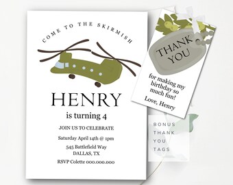 Puede incluir: Una ilustración de un helicóptero verde en una tarjeta de invitación blanca para una fiesta de cumpleaños. La invitación dice "Come to the Skirmish Henry is turning 4. Join us to celebrate Saturday April 14th @ 1pm 545 Battlefield Way Dallas, TX RSVP Colette 000.000.000".
