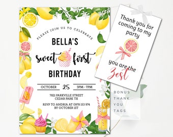Pink Lemonade Party Invitation Editable Lemonade Birthday Invitation Lemon Birthday Invitation Pink Lemonade Sweet First Party Invite PL2