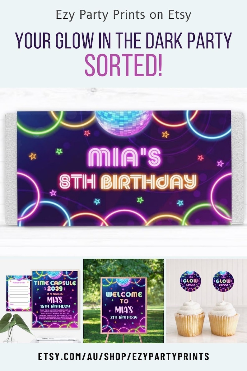 Glow Party Thank you cards Glow Favor cards Gift tags Editable disco thank you tags Personalized thank you tags Printable tags neon- GGB1 image 3
