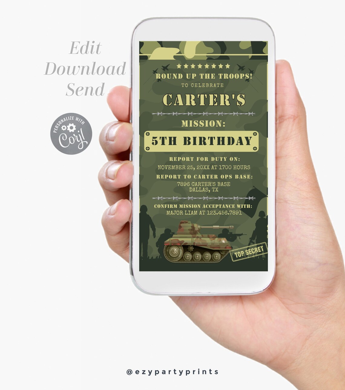 Editable Army Birthday Invitation Template With ID Badges Army Party ...