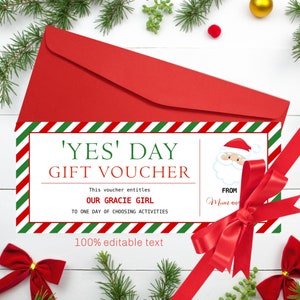 Chèque-cadeau de Noël YES DAY imprimable Modèle de chèque-cadeau de Noël Yes Day à éditer, télécharger et imprimer Idée cadeau de dernière minute