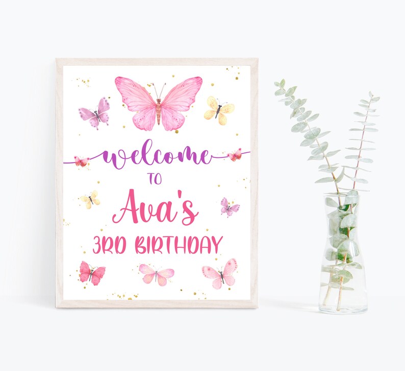 May include: A white sign with a pink butterfly and gold glitter. The sign says "Welcome to Ava's 3rd Birthday".