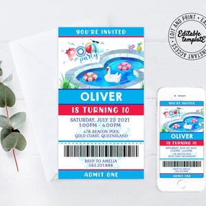 Bearbeitbares Pool-Party-Einladung Einladung zur Pool-Party Drucken oder Text Strand-Geburtstags-Party Einladung Einladung zur Schwimmparty Pool