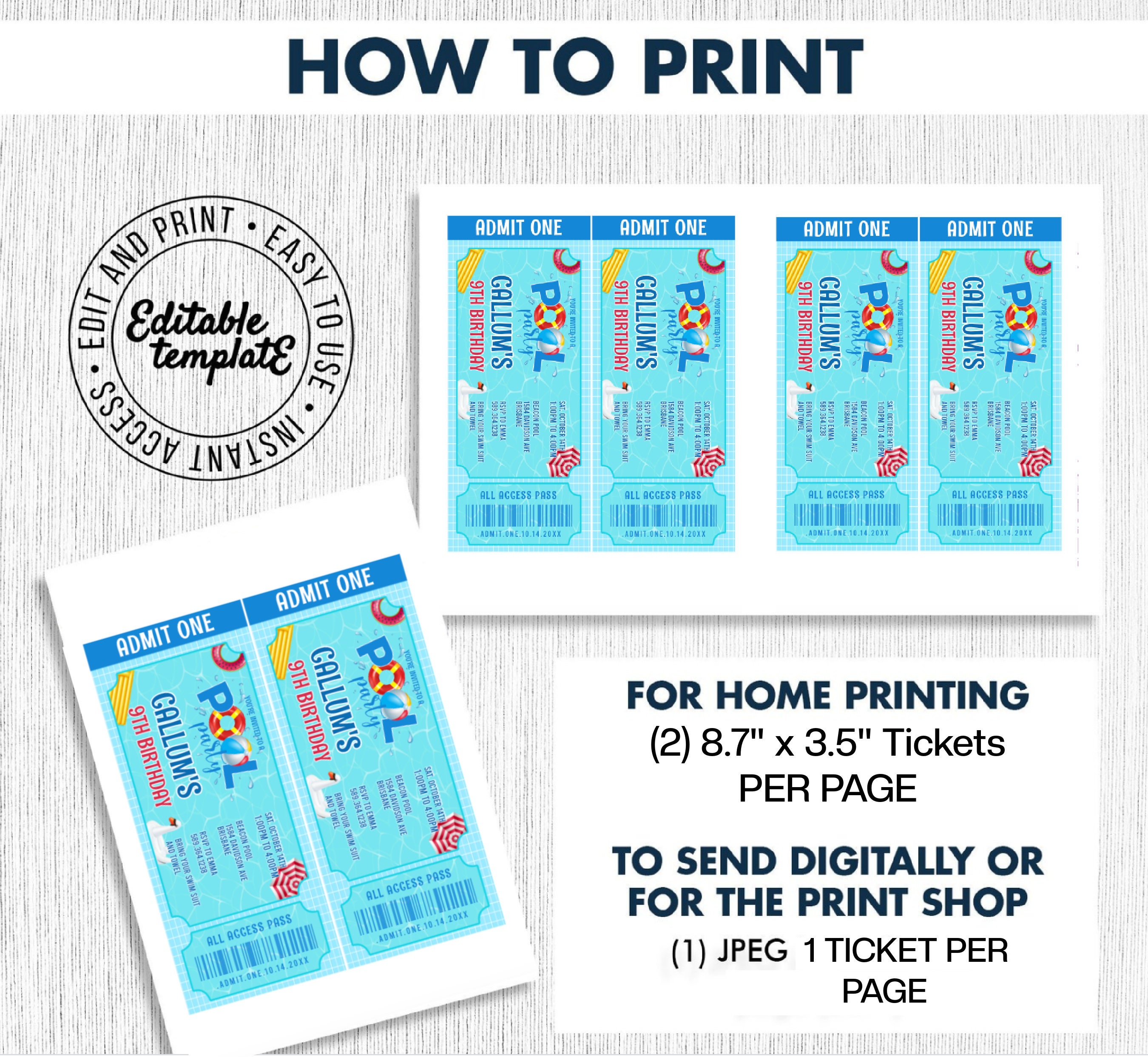 Pool Party Invitation Editable Ticket Pool Party Birthday Invitation ...