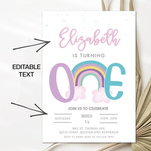 Girls 1st Birthday Invitation Editable Birthday Invitation 1st Birthday Invitation Rainbow First Birthday One Birtdhay Instant Download P2