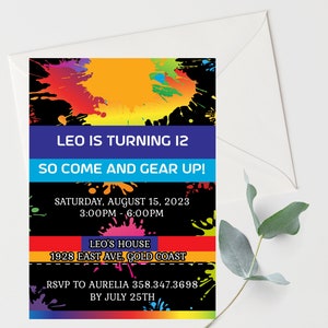 May include: A colorful birthday party invitation with a black background and colorful paint splatters. The text reads "Leo is turning 12, So come and gear up! Saturday, August 15, 2023, 3:00PM - 6:00PM, Leo's House, 1928 East Ave. Gold Coast, RSVP to Aurelia 358.347.3698 by July 25th."