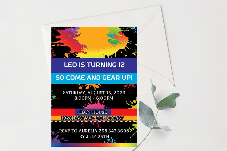 May include: A colorful birthday party invitation with a black background and colorful paint splatters. The text reads "Leo is turning 12, So come and gear up! Saturday, August 15, 2023, 3:00PM - 6:00PM, Leo's House, 1928 East Ave. Gold Coast, RSVP to Aurelia 358.347.3698 by July 25th."