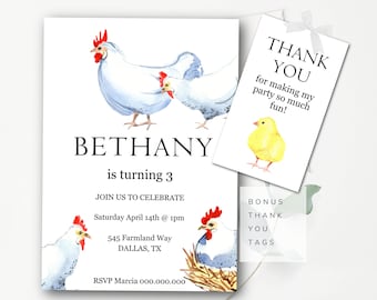 May include: A printable invitation for a child's birthday party featuring a watercolor illustration of chickens. The invitation says "Bethany is turning 3" and includes details for the party, including the date, time, and location. It also includes a bonus thank you tag with a chick illustration.