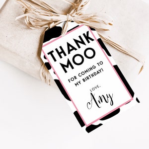 Pink Cow Print Gift Tags Cow Birthday Favor Tag Holy Cow I'm One Birthday Editable Cow Birthday Thank you tag Instant edit and download