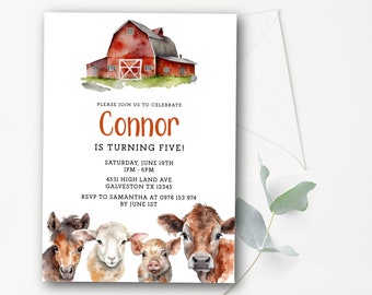 Farm Birthday Invitation + Thank You Text, Barn Animals Party Invite Template, Ranch Kids Birthday, Barnyard Farm Animals, Instant Download