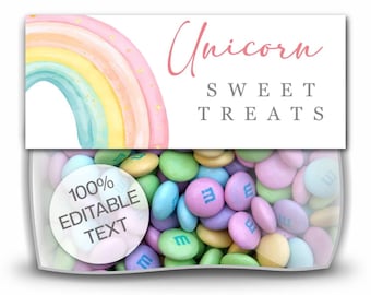 May include: A clear plastic bag filled with colorful candies. The bag has a label with a watercolor rainbow and the words "Unicorn Sweet Treats." A circular sticker reads "100% Editable Text."