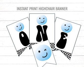 Banner per seggiolone per il primo compleanno Ragazzi One Happy Dude Decorazioni di compleanno Volto sorridente Banner di compleanno Banner per sedia blu per primo compleanno per ragazzi HD1