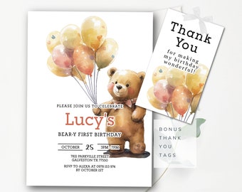 Teddy Bear Invitation Beary First Birthday Editable Text Bear Birthday Invitation Any Age Bear with Balloons Invite Printable Template