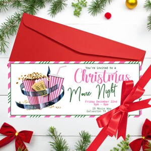 Modello di invito per un biglietto per una serata al cinema di Natale Invito modificabile per una serata al cinema Invito al cinema di Natale rosa Download immediato