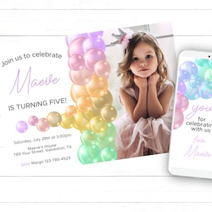 Editable Girl&#39;s Bubble Birthday Invitation Pastel Bubbles Girl&#39;s Invitation Bubble Party Birthday Invitation for Instant download PB