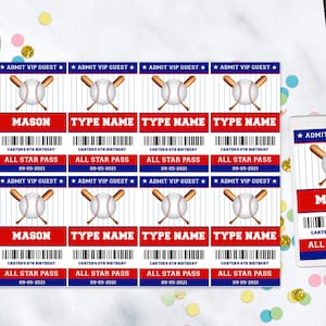 Modelo de cartões de identificação de beisebol, cartões de festa de aniversário de beisebol, novidade, crachás de identificação de festa de beisebol, passe vip editável