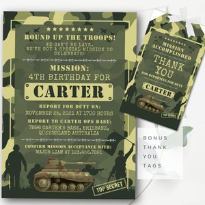 Modèle modifiable d'invitation d'anniversaire de l'armée avec badges d'identification