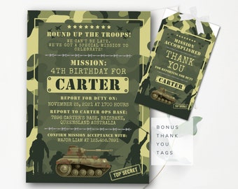 Editable Army Birthday Invitation Template with ID Badges Army Party Invitation Military Invitation Camo Birthday Party Tank Invitation AAA7