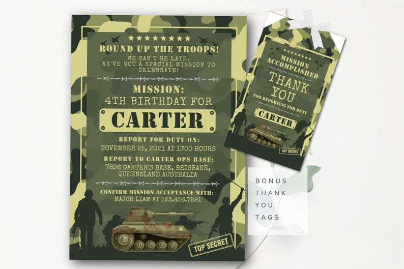 Editable Army Birthday Invitation Template with ID Badges Army Party Invitation Military Invitation Camo Birthday Party Tank Invitation AAA7 image 1