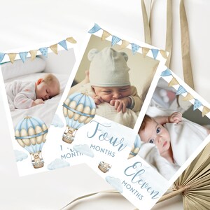 1. Geburtstag Fotobanner Erster Geburtstag Blauer Heißluftballon Fotobanner Jungen Monatliche Meilenstein-Fotokarten Digitaler Download Vorlage BA