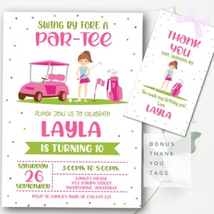 Golf First Birthday Invitation Golf Party Invitation Golfing Invitation Girls Golf Party Invite Pink Golf Free Tags and Text Template - GBP2