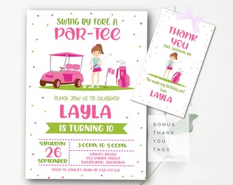 Golf First Birthday Invitation Golf Party Invitation Golfing Invitation Girls Golf Party Invite Pink Golf Free Tags and Text Template - GBP2