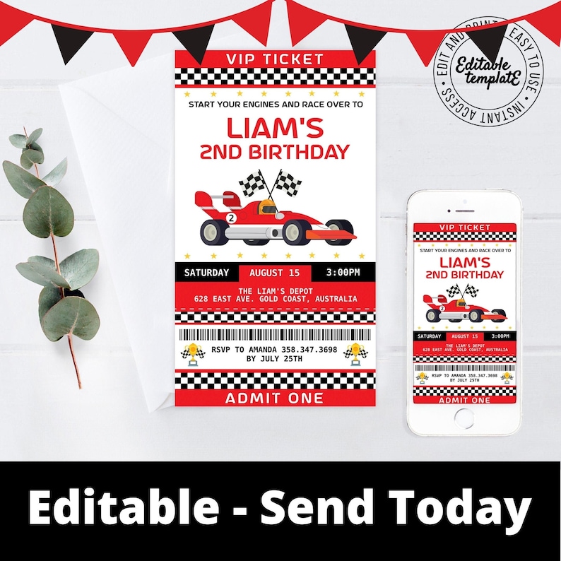 May include: A red and black race car themed birthday party invitation with a red race car, checkered flags, and the text "Liam's 2nd Birthday".
