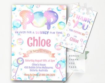 Editable Bubbles Invitation Birthday Bubbles Invitation Bubbles Birthday Invitation Girls Bubbles Party Invitation Pop On Over Invite - BBP3