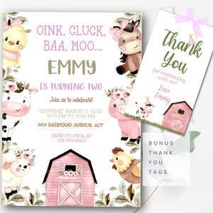 Farm Birthday Invitation Girls Farm Party Invitation Pink Farm Animals Invitation Farmer Birthday Cow Invitation Chicken Oink Cluck Baa Moo
