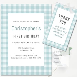 Blue Birthday Invitation Blue Check Invitation Gingham Birthday Invitation Patchwork Invitation Instant Download Editable Template
