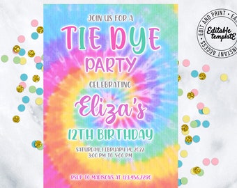 Tie Dye Invitation Tie Dye Party Invitation Rainbow Tie Dye Birthday Editable Tie Dye Party Invitations Printable Tie-Dye Party Invite