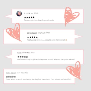 Puede incluir: Imagen que muestra rese&ntilde;as de clientes en bocadillos, decorados con garabatos de corazones rosas. Las rese&ntilde;as incluyen comentarios como "Awesome invites, lots of compliments!" y "Perfection!"