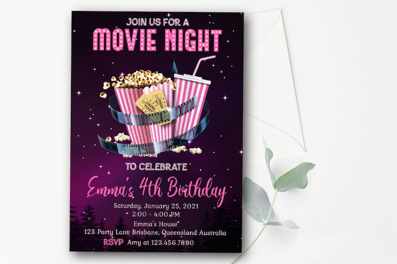 Movie Night Invitation Movie Birthday Invitation Movie Sleepover Popcorn Party Invitation Instant Download Editable Invitation MNP6 image 2