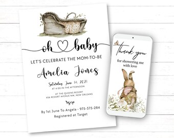 Woodland Baby Shower Invitation Set Bassinet Baby Shower Editable Invitation Woodland Shower Thank You Tags and Text Instant download