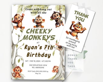 Könnte beinhalten: Eine Geburtstagseinladung mit Dschungel-Thema. Die Einladung zeigt Comic-Affen und den Text "Cheeky Monkeys at Ryan's 7th Birthday". Die Einladung enthält auch das Datum, die Uhrzeit und den Ort der Party.