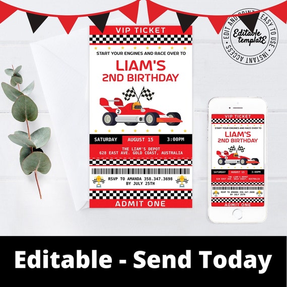 Car Racing ticket invitation plus FREE ID badges, car race Invitation you can personalise download instantly and print or send as a text Il_570xn