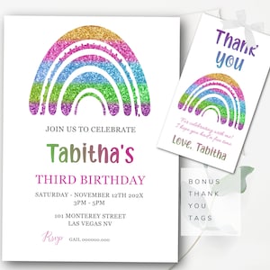 Editable Kids Party Invitation Editable Rainbow Birthday Invitation Bright Rainbow Party Invite Boho Rainbow Invite Template Girl Glitter