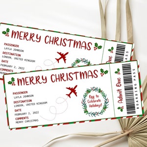 Kerst vliegticket sjabloon Instapkaart bewerkbare Kerst reisticket Kerstcadeau ticket Geschenksjabloon Faux vliegtuigticket cadeau