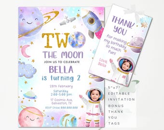 Girls 2nd Birthday Invitation Two The Moon Editable Pink Two Birthday Outer Space Party Invitation Girl Outer Space Gift Tags