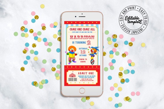 Circus Invitation template that you can personalise, download instantly and print or send as a text. Boys clowns ticket invitation Il_570xn