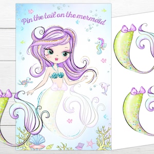 Pin the Tail on the Mermaid Birthday Game Mermaid Party Game Instant Print Mermaid Game Mermaid Birthday Party