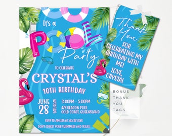 Invitación editable para fiesta en la piscina Invitación para fiesta de natación Invitación para fiesta de cumpleaños en la piscina Invitación para fiesta de cumpleaños tropical Descarga instantánea
