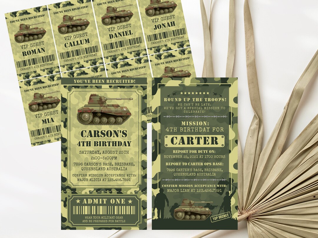 Editable Army Birthday Invitation Template With ID Badges Editable Army ...
