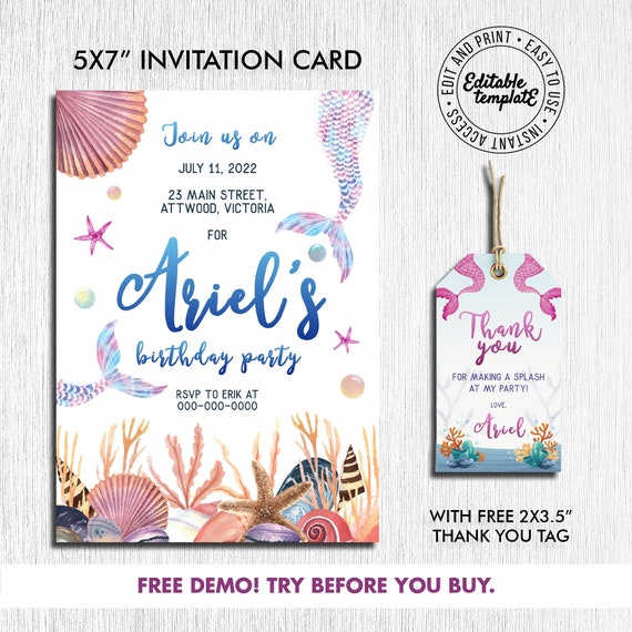 Editable Mermaid Birthday Invitation Template With FREE Tags Etsy