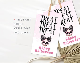 May include: Pink and white Halloween-themed gift tags with a skull wearing a black bow with white polka dots. The tags say "Treat" and "Happy Halloween". Text on the left says "Instant Print Versions Included".